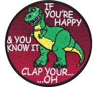 Dinosaurier Aufnäher/Aufbügler mit Spruch lustig "If you happy and you know it clap your hands" Children Patch zum annähen/aufbügeln | Kinder Flicken für Jeans Kids | 80x80mm