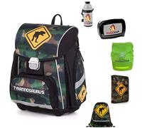 DINOSAURIER SCHULRANZEN SET JUNGE 1 KLASSE | SET 6 TEILIG FÜR GRUNDSCHULE | SUPER LEICHT | TYRANNOSAURUS | inkl. Federmäppchen Sportbeutel Regenschutz Brotdose Flasche