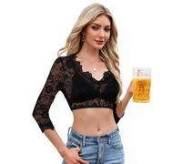Dirndl Bluse Damen Dirndlbluse Spitze Weiß Trachtenbluse für Oktoberfest | Dirndl Schwarz丨Langarm V Ausschnitt Dirndlbluse丨3/4 Ärmel Spitzenbluse丨Stretch Tracht Bluse丨XS-3XL