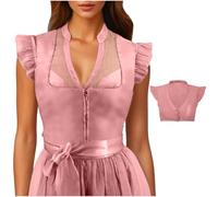 Dirndl Bluse Damen V-Ausschnitt Oktoberfest Kostüm Flügelärmel Trachtenbluse Dirndlbluse Elegante Kurz Oberteile Kurzarm Festlich Spitzenbluse Shirt Weiß Hemd Spitze Tops, Rosa, L