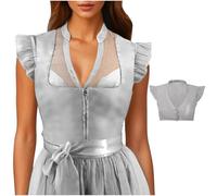 Dirndl Bluse Damen V-Ausschnitt Oktoberfest Kostüm Flügelärmel Trachtenbluse Dirndlbluse Elegante Kurz Oberteile Kurzarm Festlich Spitzenbluse Shirt Weiß Hemd Spitze Tops, Graue, L
