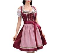 Dirndl Damen Midi, Rot Trachtenkleid V Ausschnit Dirndlkleid Damen mit Dirndlbluse Bayerisches Kleid Trachtenmode Trachtenrock Dirndlkleider Trachtenkleider für Oktoberfest