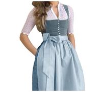 Dirndl Damen Midi Trachtenkleid Trachtenmode Trachtenrock Einfarbig Kleid 2 teilig Oktoberfest Outfit mit Dirndlschürzen Blau S
