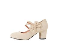 Dirndl Schuhe Dame Elegant Mit Schleife Bequem Blockabsatz Absatzschuhe Chunky Hohe Trachtenschuhe Festliche High Heels Pumps Spangenpumps Trachten Riemchenpumps,Beige,37