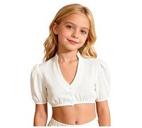 Dirndlbluse Mädchen Flügelärmel V Ausschnitt Dirndl Bluse Weiß Trachtenbluse mit Knopfleiste Spitze Kurzarm Transparent Dirndlblusen Oktoberfest Bayrische Trachten Dirndl Blusen Spitzenbluse