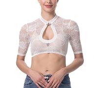 Dirndlparty DirndlBluse Damen mit Knopf Trachtenbluse Damen Dirndlbluse Weiß Trachtenblusen Tropfenausschnitt Spitze Kurzarm Spitzenbluse Sexy Halbarm Creme Oktoberfest, Größe 44