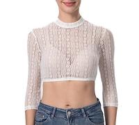 Dirndlparty Dirndlbluse Hochgeschlossen Damen Dirndl Bluse Creme 3/4 Arm | Dreviertelarm Creme Spitze Trachtenbluse Oktoberfest Bluse für Dirndl Rundhalsausschnitt Größe 34-44