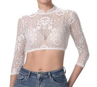Dirndlparty Dirndlbluse Spitze Hochgeschlossen Dirndl Bluse Damen Langarm | 3/4 Arm Weiß Creme Dirndlblusen Trachtenbluse Oktoberfest Bluse für Dirndl Weich und Bequem Größe 34-44