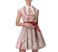 Dirndlparty Mini Dirndl 50cm, Rocklänge Damen Dirndl mit Spitzenschürze Sexy Kurz Trachtenkleid Oktoberfest, Klassisch Hochzeit Brautdirndl, Olive Rosa mit Rot Ribbon