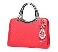 DIRRONA Damenhandtasche Mit Rautensteppmuster Und Elegantem Perlenanhänger - Mittelgroße Schultertasche Und Umhängetasche Damen Aus PU-Leder Für Hochzeit, Party, Büro, AlltagKorallenrot