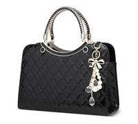 DIRRONA Damenhandtasche Mit Rautensteppmuster Und Elegantem Perlenanhänger - Mittelgroße Schultertasche Und Umhängetasche Damen Aus PU-Leder Für Hochzeit, Party, Büro, AlltagKlassisches Schwarz