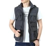 Disimlarl Herren-Weste, mit Kapuze, mittelgroß, mehrere Taschen, Cargo-Weste, große Militär-Angelweste, grau, XXXXL
