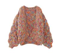 Disimlarl Kurzer Strick-Cardigan für Damen, Rundhalsausschnitt, mehrfarbig, Regenbogenpullover, handgefertigt, V-Ausschnitt, multi, Einheitsgröße