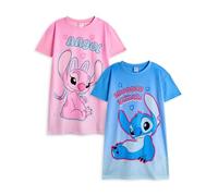 Disney Angel & Stitch Mädchen-Nachthemd-Pyjama-Set, 2er-Pack | Langärmliges Nacht-T-Shirt und Pyjamahose mit Charakter-Grafikdruck für Kinder in Blau und Rosa
