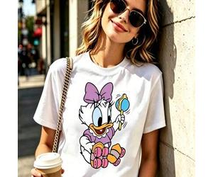 Disney brand Casual Women's White Cotton Short Sleeve Round Neck T-shirt with Cute Daisy Duck Print