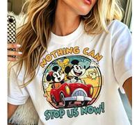 Disney brand women's casual cotton short-sleeved round neck T-shirt, classic characters Mickey and Minnie are surrounded by Bruto, Goofy and other cha