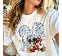 Disney brand women's casual cotton short-sleeved round neck T-shirt, Disney classic characters Mickey and Minnie printed regular length cotton fabric,
