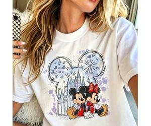 Disney brand women's casual cotton short-sleeved round neck T-shirt, Disney classic characters Mickey and Minnie printed regular length cotton fabric,