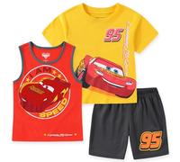 Disney Cars Lightning McQueen Jungen Kurzarm-T-Shirt, Tanktop und Shorts, 3-teiliges Set für große Kinder, Rot/Schwarz/Gelb, 5
