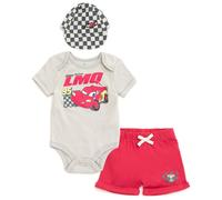 Disney Cars Lightning McQueen Neugeborenes Baby, Jungen-Bodysuit, Shorts und Baseballkappe, 3-teiliges Outfit-Set, Rot/Grau, 69 Monate