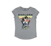 Disney Damen Mickey Classic - Explore Mickey Travel Women's Organic Rolled Sleeve T-Shirt T-Shirt, Melange Grey, XL