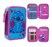 Disney Federmäppchen Mädchen Die Eiskönigin Stitch Federtasche Mädchen Gefüllt Schulmäppchen 2 3 Fächer mit Inhalt Schule Etui Pencil Case Schulmäppchen (Blau/Rosa Stitch Doppelmappe)