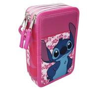 Disney Federmäppchen mit mehreren Fächern 3 Reißverschlüssen Stitch Blumen Farbe Rosa komplett 44 Stück