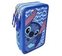 Disney Federmäppchen mit mehreren Fächern 3 Reißverschlüssen Stitch Wellen Farbe Blau komplett 44 Stück