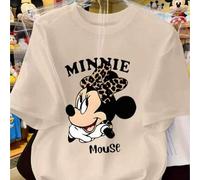 Disney leopard print bow tie short-sleeved T-shirt, Minnie Mouse cartoon print top, Disney Channel versatile, available in multiple colors, cute style
