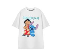 Disney Lilo & Stitch Damen-Grafik-T-Shirt in Weiß | Klassisches Cartoon-Figuren-T-Shirt mit Rundhalsausschnitt | Schlichtes Kurzarm-Oberteil für Freizeitkleidung Bekleidung für Damen