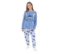 Disney Lilo & Stitch Damen Pyjama Set, blau, langärmlig und mit Langen Beinen | Kuscheliger Fleece-Schlafanzug mit Print | Nachtwäsche zum Entspannen und Schlafen