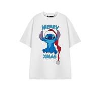 Disney Lilo & Stitch Damen Weiß Kurzarm T-Shirt | Merry Xmas Stitch Graphic Tee | Rundhals Cartoon Bekleidung | Weihnachtsthema Top für Frauen Lilo & Stitch Collaboration Shirt, weiß, XL