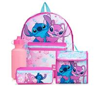 Disney Lilo & Stitch Kinderrucksack, 4-teiliges Schulset, Rucksack, Lunchbox, Federmäppchen und Wasserflasche, Schulanfang, rose, Schulranzen-Set