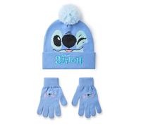 Disney Lilo & Stitch Mädchen-Beanie-Mütze und Handschuhe-Set | Blaue gestrickte Wintermütze mit Maschencharakter-Gesicht | Bommelmütze für Kinder in Einheitsgröße mit Handschuhen