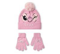 Disney Lilo & Stitch Mädchen-Beanie-Mütze und Handschuhe-Set | Rosa gestrickte Wintermütze mit Engelsgesicht | Bommelmütze für Kinder in Einheitsgröße mit Handschuhen mit Wärmeübertragungsdruck