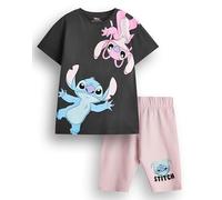 Disney Lilo & Stitch Mädchen T-Shirt & Shorts Set | Kinder Dunkelgrau Kurzarm Grafik T-Shirt & Rosa Radhose Komplettes Outfit | Stitch & Angel Bekleidungspaket | Filmserie Merchandise Geschenk