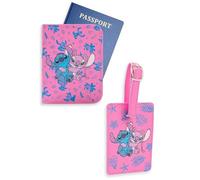 Disney Lilo & Stitch Stitch & Angel Pink Wallet Geschenkset | Reisedokument Organizer | Unisex Kinder Zubehör mit Blattmuster | Retro Cartoon Style Merch