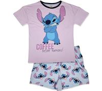 Disney Lilo und Stitch - Damen-Schlafanzug-Set mit kurzen Ärmeln - 100% gekämmter Baumwolle - Coffee - S = EU 36-38