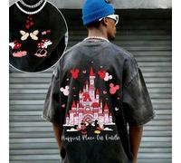 Disney Mickey and Minnie Love You Castle Men's Summer T-Shirt, distressed finish, one-piece design, pure cotton fabric, comfortable and breathable, ca