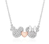 Disney Mickey and Minnie Mouse Sterling Silver Two Tone Cubic Zirconia Necklace with Pink Heart, Mickey's 90th Birthday Anniversary; Jewelry for Women and Girls