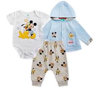 Disney Mickey Mouse Baby-Jungen-Hosen-Set mit Body und langärmeligem Hemd mit Kapuze und Knopfleiste, 3er-Pack für Kleinkinder, Blau/Weiß, 3 Monate