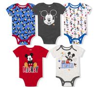 DISNEY Mickey Mouse Boys 5 Pack Bodysuits for Newborn and Infant - Blue/Red/White/Grey