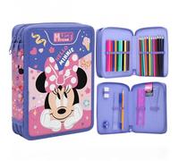 Disney Minnie Maus Federmäppchen mit Zwei Fächern, gefüllt mit Schreibwaren für Kinder | Schulbedarf: Buntstifte, Filzstifte | Geräumiges Design mit 2 Reißverschlüssen | Geschenk für Mädchen