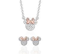 Disney Minnie Maus Schmuckset Halskette und Ohrringe, aus Messing mit weißen Zirkonia, für Damen, Fertig zum Verschenken, Offizieller Schmuck