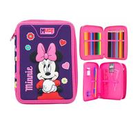 Disney Minnie Mouse Doppel-Federmäppchen mit 2 Fächern, gefüllt mit Schreibwaren für Kinder | Schulset mit Buntstiften & Filzstiften | Geräumiges 2-Reißverschluss-Design | Geschenk für Mädchen