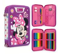Disney Minnie Mouse Federmäppchen mit 2 Fächern, gefüllt mit Schreibwaren für Kinder | Schulbedarf mit Buntstiften & Filzstiften | Geräumiges Design mit 2 Reißverschlüssen | Geschenk für Mädchen