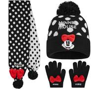 Disney Minnie Mouse Mütze Kinder Handschuhe Schal Set, 3-in-1 Beanie Mädchen, Weich & Warm, Winter Geschenke für Mädchen