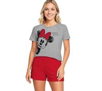 Disney Minnie Mouse Schlafanzug für Damen - Pyjama Set Kurzarm Oberteil mit Shorts Grau/Rot (DE/NL/SE/PL, Alphanumerisch, XXL, Regular, Regular, Grau/Rot)