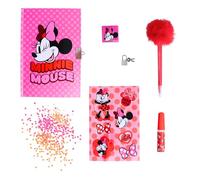 Disney Minnie Mouse Schreibwaren Set, Inklusive 1 Pom-Pom Stift, Pailletten, Aufklebern, Notizbuch, Schloss und Schlüssel, Geschenk Set für Mädchen