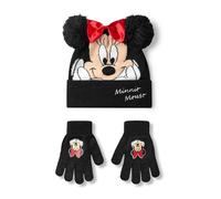 Disney Minnie Mouse Set aus Mütze und Handschuhen für Mädchen | Schwarze gestrickte Wintermütze mit Bommeln und roter Schleife | Kinder-Mütze und Handschuhe in Einheitsgröße mit Gesicht